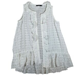 White Ruffle Button Up Sleeveless Shirt Top Lagenlook flowy beachy Texture Gauze